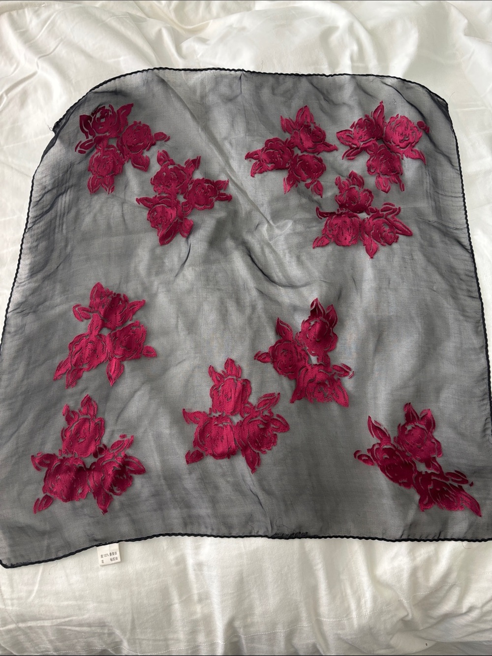 Textured Rose Sheer Black Silk Scarf
